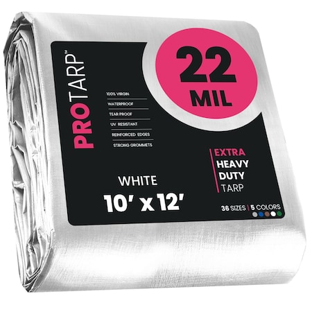 Protarp Heavy Duty Tarp, 10 ft x 12 ft, 22 Mil, White, Polyethylene, Waterproof, Rip and Tear Proof PT-204-10X12